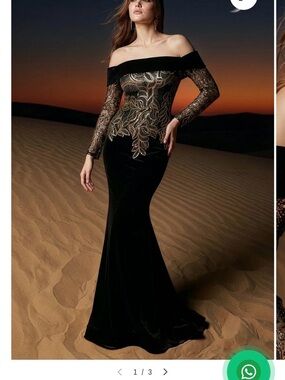 Off-Shoulder Black Velvet Evening Gown with Gold Embroidered Lace